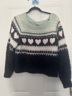 Victoria's Secret Mint, Pink & Black Heart Pattern Crewneck Sweater